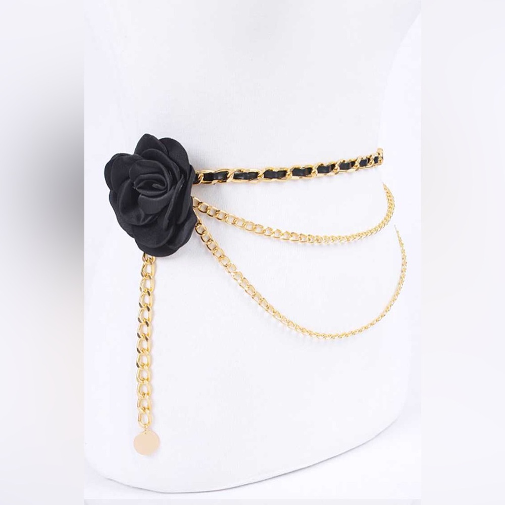 Satin 3-D Flower & Gold Iron Chain Statement Belt - Picture 4 of 7
